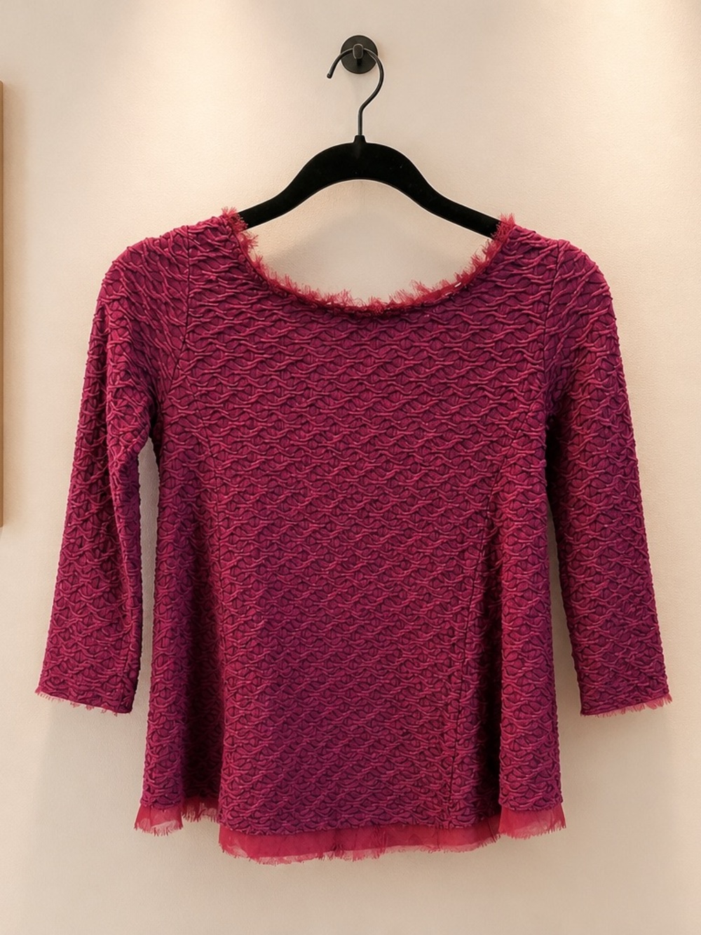 Anthropologie Plum Textured Knit Top with Frayed Trim